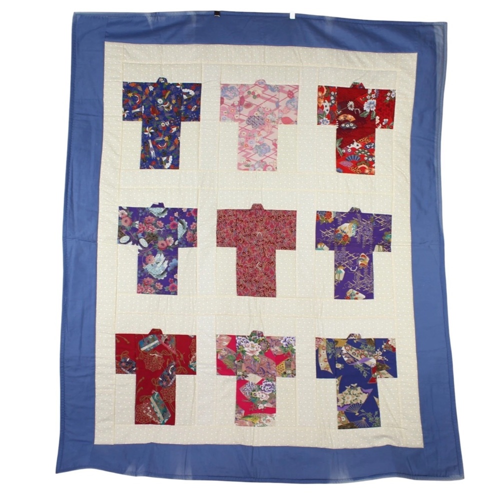 VTG Handmade Japanese Kimono Pattern Quilt Blanket Made BY Mie Kuramoto 56"x47"